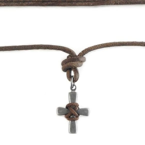 Leather Men's Cross Pendant Necklace - Picture 2 of 5